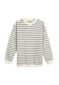 Witte sweatshirt met zwarte horizontale strepen, ronde halslijn, lange mouwen en geribbelde manchetten. Gemaakt van zacht katoen.