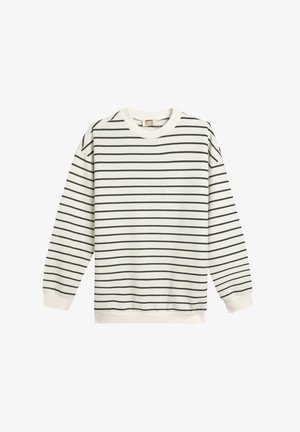 Witte sweatshirt met zwarte horizontale strepen, ronde halslijn, lange mouwen en geribbelde manchetten. Gemaakt van zacht katoen.