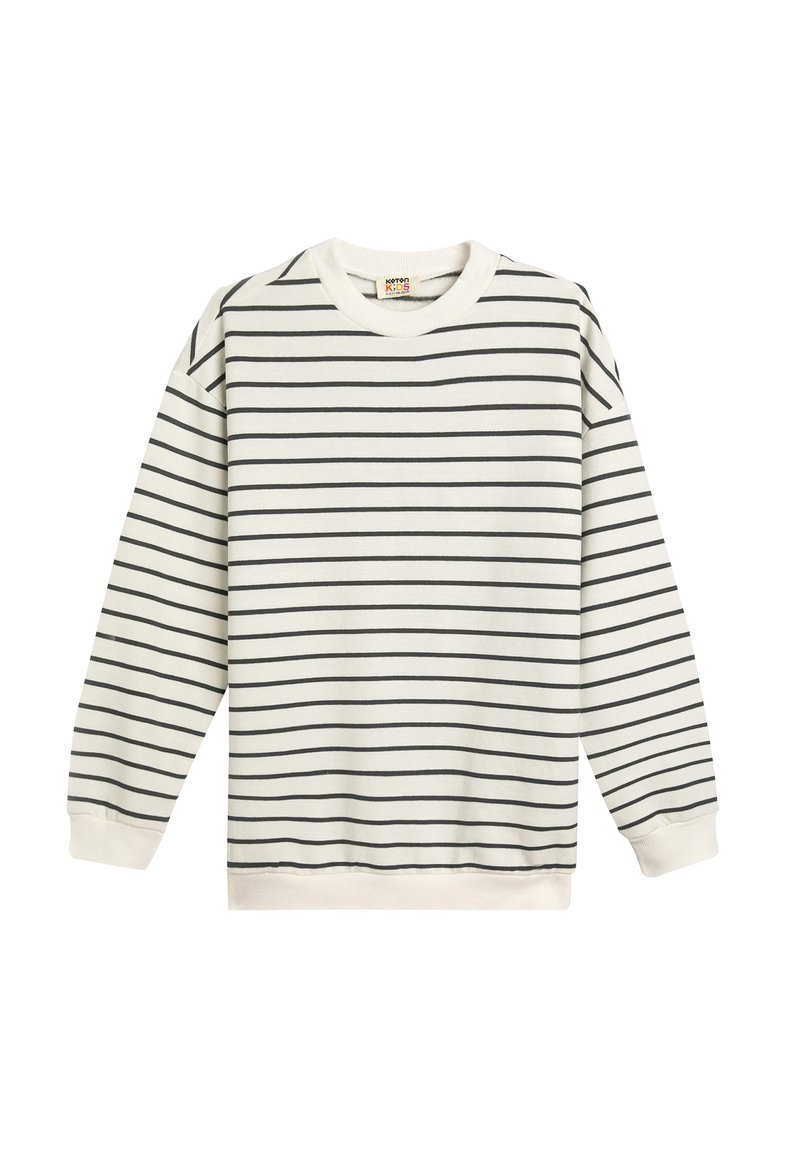 Witte sweatshirt met zwarte horizontale strepen, ronde halslijn, lange mouwen en geribbelde manchetten. Gemaakt van zacht katoen.