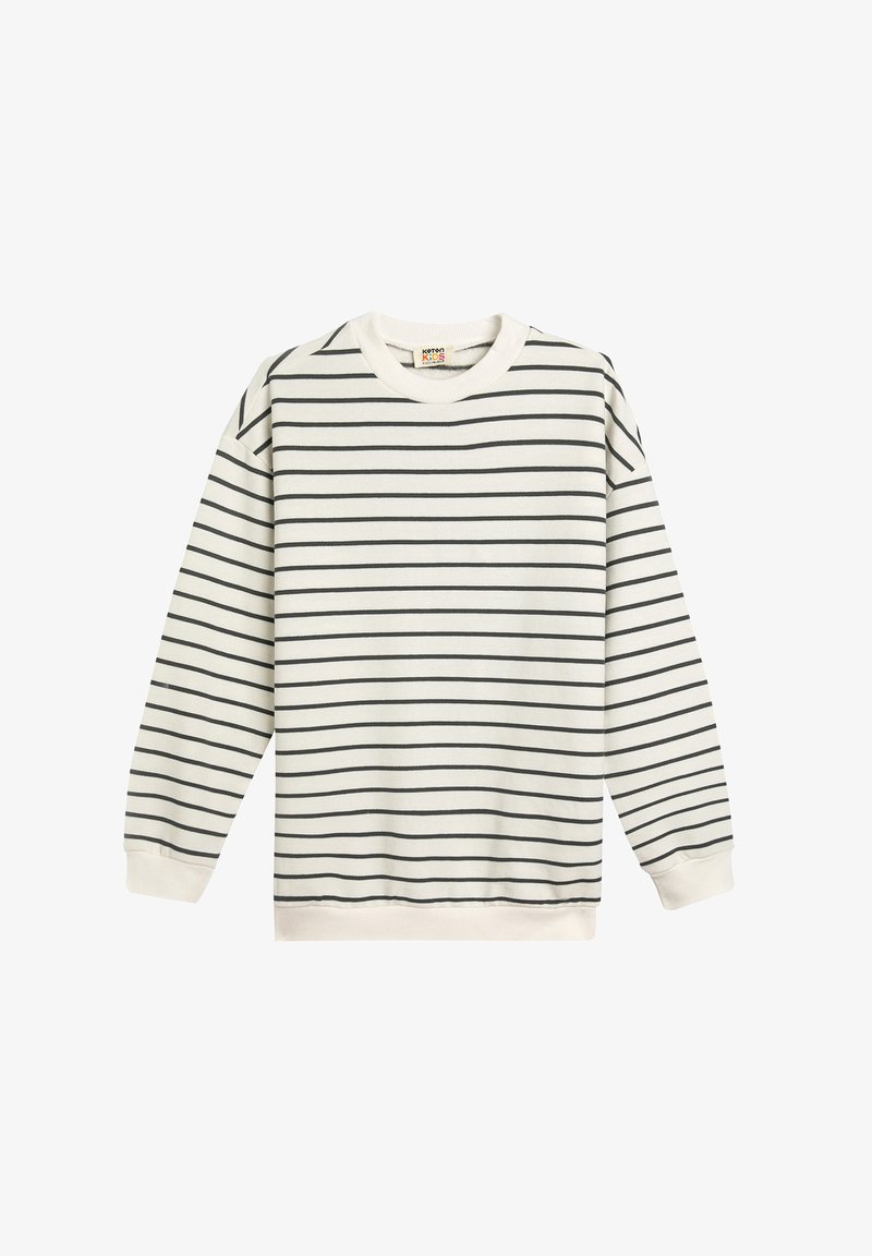 Valkoinen huppari mustilla vaakaviivoilla, pyöreä pääntie, pitkät hihat ja resorikuvioidut hihansuut. Valmistettu pehmeästä puuvillamateriaalista.