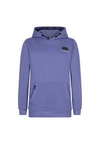 Lila huvtröja i mjukt tyg med dragsko på huvan, framficka i kängurustil, ribbade ärmslut och en logotypapplikation på bröstet.