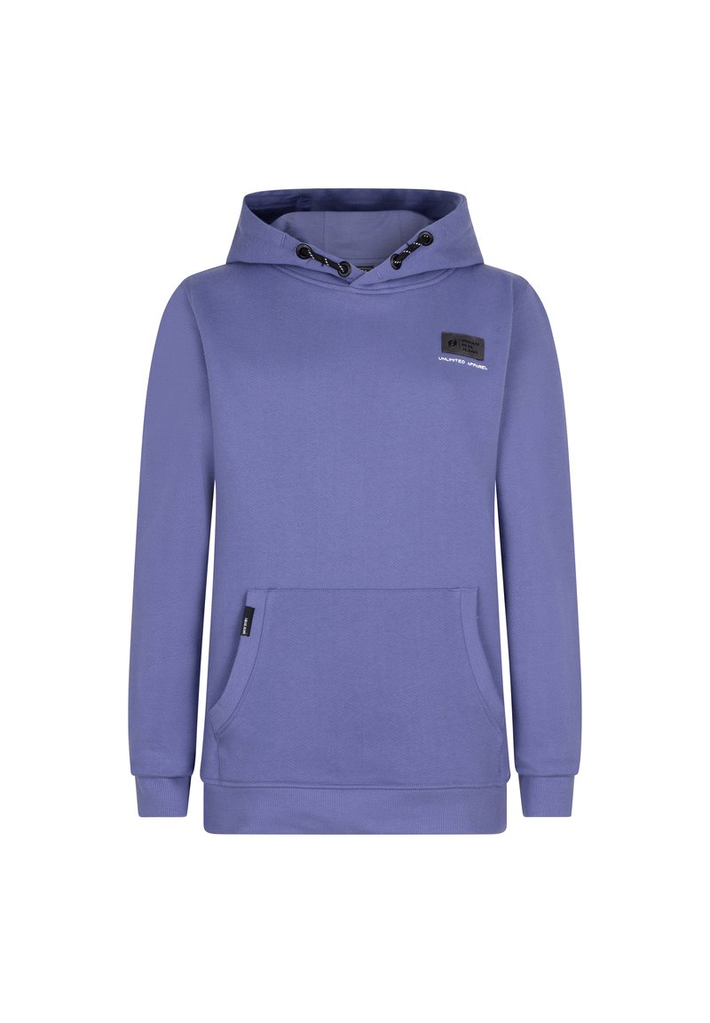 Lila huvtröja i mjukt tyg med dragsko på huvan, framficka i kängurustil, ribbade ärmslut och en logotypapplikation på bröstet.