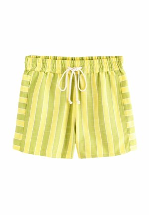 Groen en gele gestreepte zwembroek met een elastische tailleband en trekkoord, met zijpaneeldetails in een bijpassend patroon.