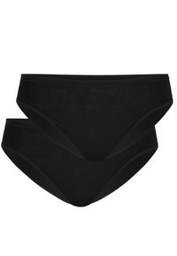Schwarze nahtlose Hipster-Unterwäsche mit einer glatten Textur, die ein doppellagiges Design und einen tiefen Schnitt aufweist. Keine sichtbaren Hardware-Details.