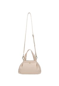 Sac à main en cuir beige avec poignées courtes et bandoulière longue réglable, avec un petit logo doré au centre avant.