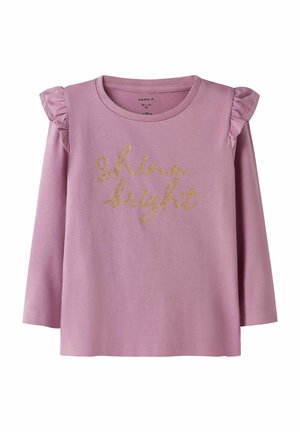 Helles rosa Langarmshirt mit Rüschärmeln. Mit goldenen Glitzertext "shine bright". Weicher Stoff, lässiges Design.