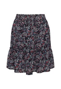 Jupe noire fleurie avec de petits motifs floraux rouges, bleus et blancs, taille élastique et ourlet à volants.