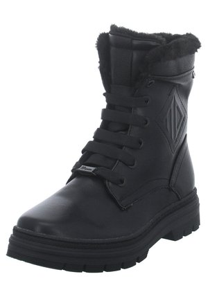 Botte d'hiver noire à lacets avec semelle épaisse, doublure en fourrure autour de la cheville et logo embossé en forme de diamant sur le côté.