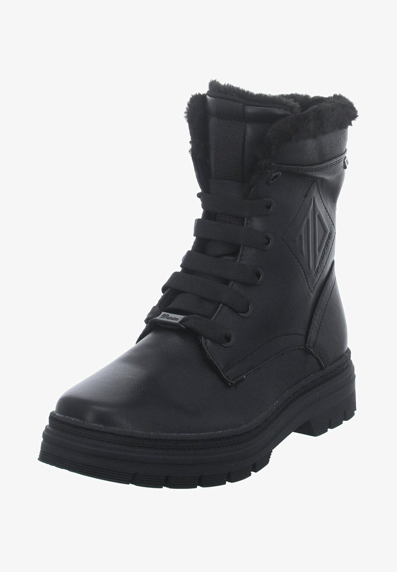 Botte d'hiver noire à lacets avec semelle épaisse, doublure en fourrure autour de la cheville et logo embossé en forme de diamant sur le côté.