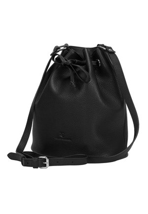 Borsa secchiello in pelle nera martellata con tracolla regolabile e chiusura con coulisse, fibbie metalliche e logo impresso in rilievo discreto sul davanti.