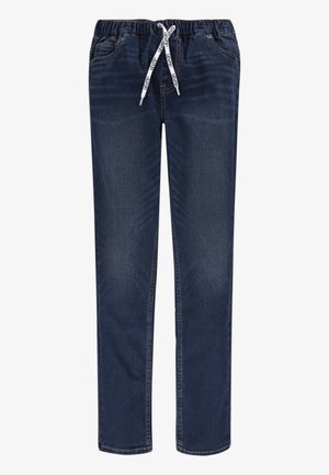 Denim joggere i mørkeblå med elastisk midjebånd og snor, med to sidelommer og sømdetaljer overalt.