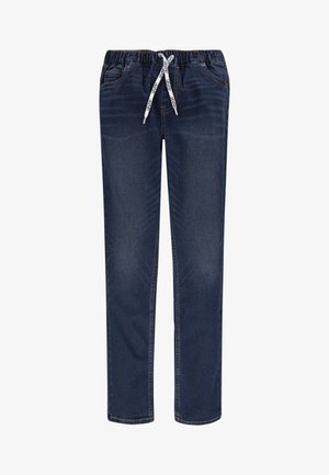 Denim jogger hlače v temno modri barvi z elastičnim pasom in vezalko, z dvema stranskima žepoma in šivanjem po celotni hlači.