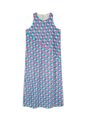 Vestido sin mangas de tejido suave con un patrón de hojas en rosa y turquesa, con cuello redondo y cierre invisible en la parte posterior.