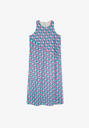 Vestido sin mangas de tejido suave con un patrón de hojas en rosa y turquesa, con cuello redondo y cierre invisible en la parte posterior.