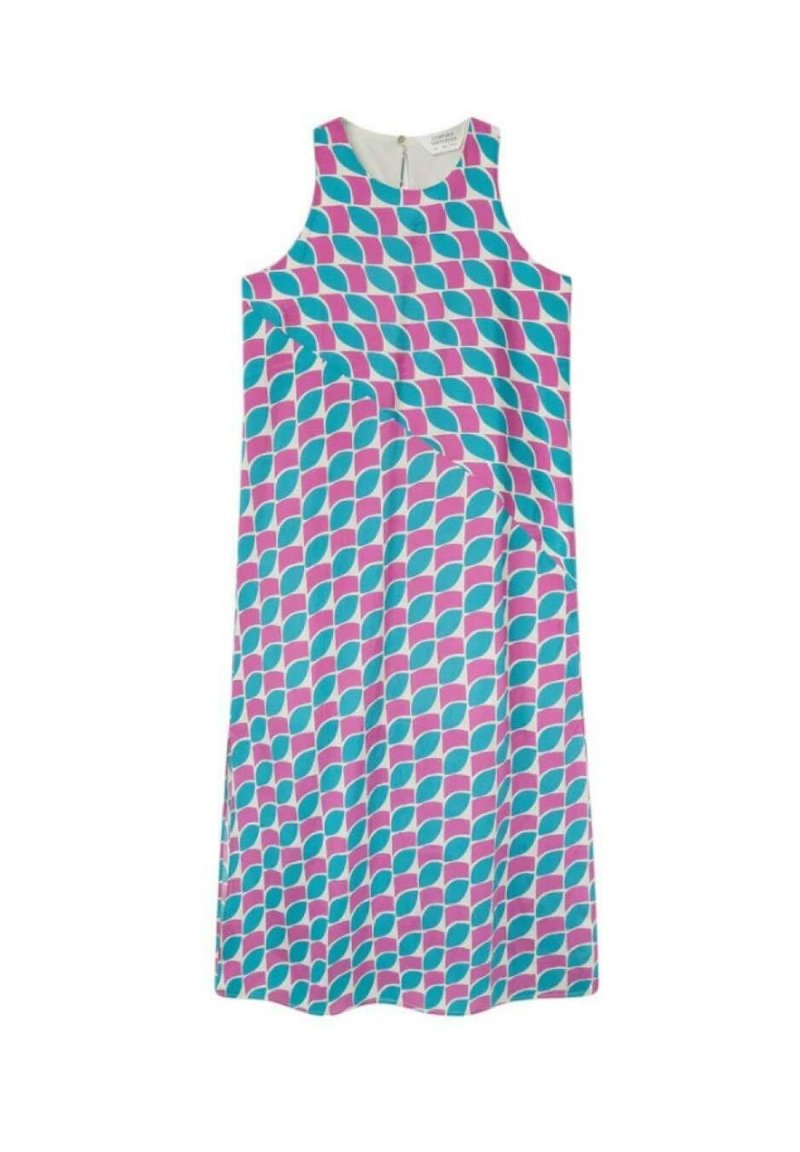 Vestido sin mangas de tejido suave con un patrón de hojas en rosa y turquesa, con cuello redondo y cierre invisible en la parte posterior.
