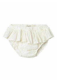 Couvre-couche blanc avec finition à volants, tissu texturé avec des rayures subtiles. Taille élastique pour un ajustement réglable. Convient aux nourrissons.