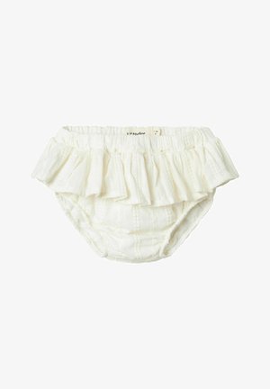 Couvre-couche blanc avec finition à volants, tissu texturé avec des rayures subtiles. Taille élastique pour un ajustement réglable. Convient aux nourrissons.