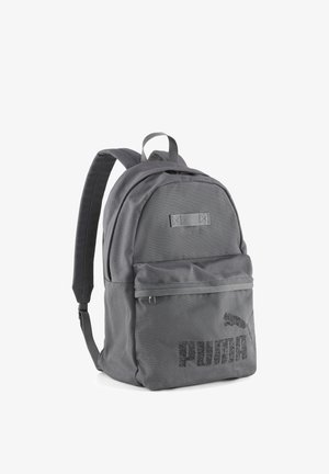 Gray fabric backpack with padded straps, top handle, front zipper pocket, and black "PUMA" logo and graphic on the front.