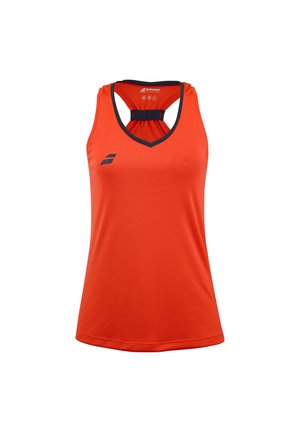 Débardeur athlétique sans manches orange avec un col en V et un dos croisé, accentué par une bordure bleu marine le long de l'encolure et un logo sur le côté.