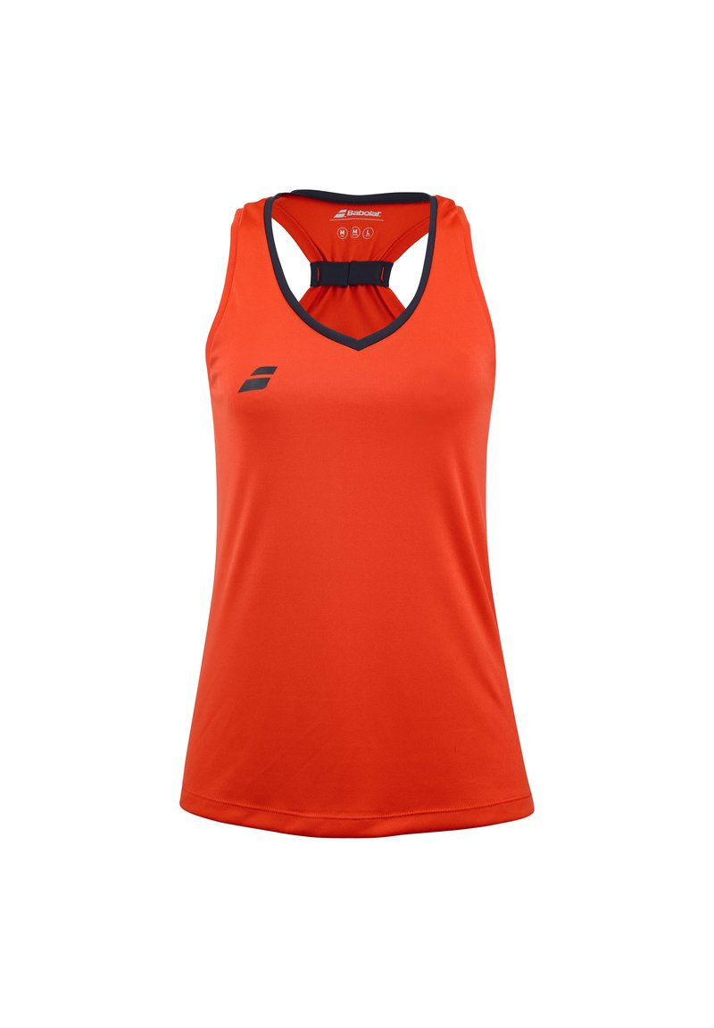 Oranje mouwloze sporttank top met een v-hals en kruisrugdesign, met een marineblauw accent langs de halslijn en een logo op de zijkant.