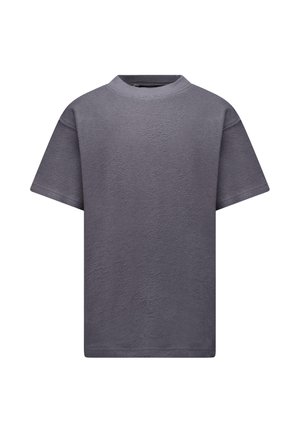 Grijs T-shirt met korte mouwen gemaakt van gestructureerde stof met een ronde halslijn. Eenvoudige, recht gesneden pasvorm zonder zichtbare patronen of details van hardware.