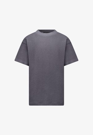 Grijs T-shirt met korte mouwen gemaakt van gestructureerde stof met een ronde halslijn. Eenvoudige, recht gesneden pasvorm zonder zichtbare patronen of details van hardware.