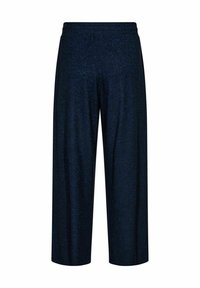 Marine wijde broek in een zachte, gestructureerde stof met een elastische tailleband. Heeft een losse pasvorm en een lengte tot halverwege de kuit. Geen zichtbare patronen.