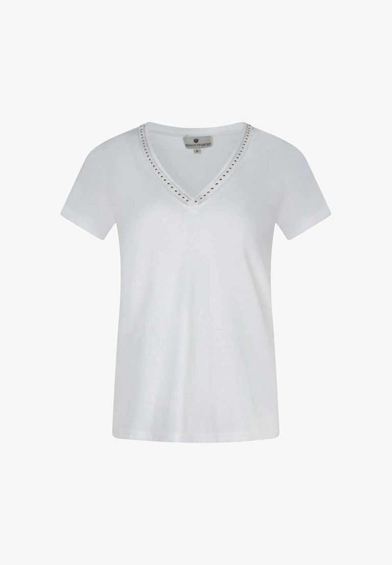 T-shirt en coton blanc à manches courtes et décolleté en V, avec des coutures décoratives le long de l'encolure et une texture lisse.