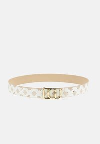 Cintura in pelle di colore bianco sporco con dettagli in oro. Presenta un motivo di loghi e accenti marroni chiari. Texture liscia, forma rotonda, taglia regolabile.