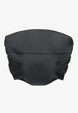 Zwarte nep leren cropped top met geplooide textuur en een gestructureerde vorm, met een gladde oppervlakte en minimale stikdetails.