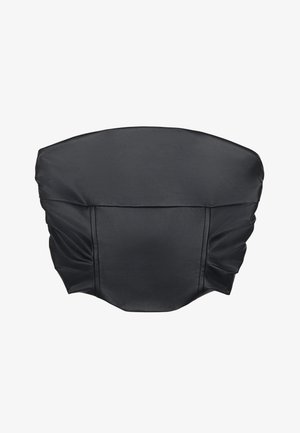 Black faux leather cropped top with gathered texture and a structured shape, featuring a smooth surface and minimal stitching details.