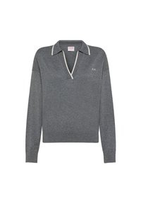 Pullover grigio con colletto, bordatura bianca a contrasto e maniche lunghe. Logo sottile sul petto. Tessuto morbido.