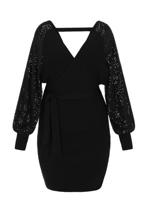 Black sweater dress with a wrap design, long puffy sleeves covered in sequins, and a tie waist. Smooth texture with ribbed accents.