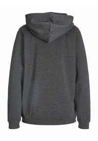 Hettegensere i mørkegrått stoff med et enkelt design, lange ermer og en lett teksturert overflate. Bakfra vises hetta og sidesømmene.