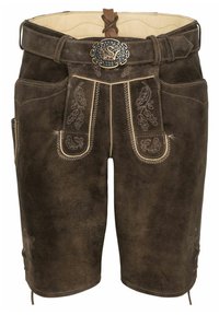 Pantalones cortos de cuero marrón con dise�ños florales bordados, que cuentan con un cinturón con una hebilla decorativa y bolsillos laterales. Ajuste texturizado, hasta la rodilla.