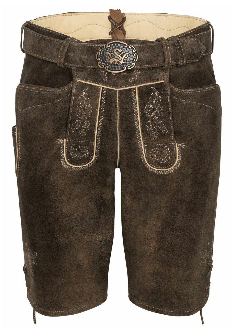 Pantalones cortos de cuero marrón con diseños florales bordados, que cuentan con un cinturón con una hebilla decorativa y bolsillos laterales. Ajuste texturizado, hasta la rodilla.