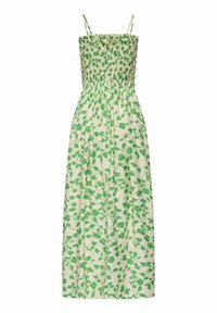 Robe maxi beige sans manches avec imprimé floral vert, corsage smocké et fines bretelles réglables.