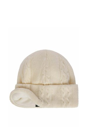 Cream knit beanie with cable pattern and folded brim, showing soft inner lining on one side.