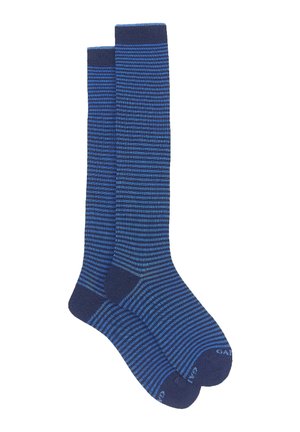Dark blue knee-length socks with alternating light blue stripes, soft texture, reinforced toe and heel, elastic cuff for secure fit.