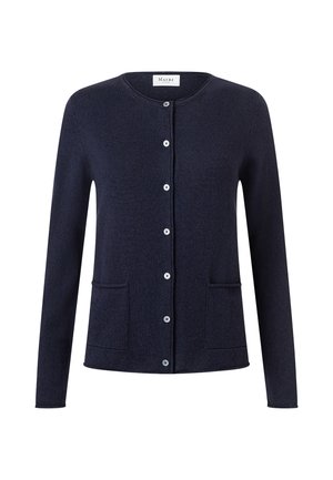 Dunkel marineblauer Langarm-Cardigan mit rundem Ausschnitt, Knopfverschluss vorne und zwei Vordertaschen.