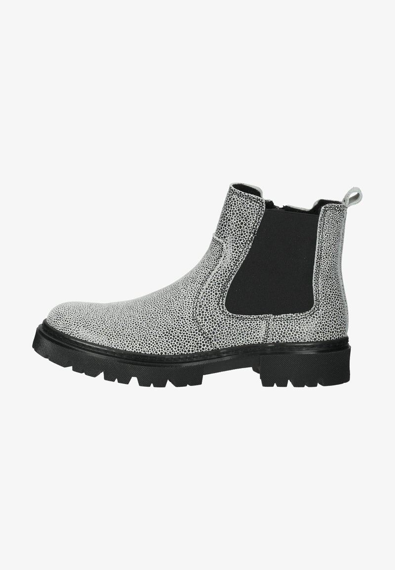Zwart-witte Chelsea-boots met een gestructureerde textuur, elastische zijpanelen en een dikke zool. Inclusief een herkenningstrip aan de achterkant.