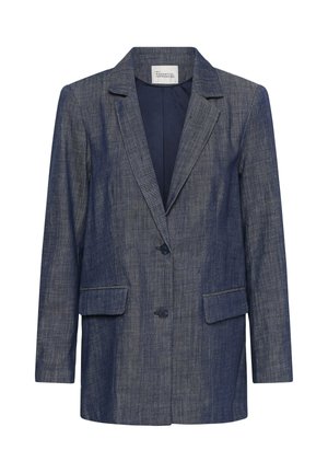 Sacou texturat bleumarin închis cu revere ascuțite, două nasturi frontali, buzunare cu clapetă și mâneci lungi.