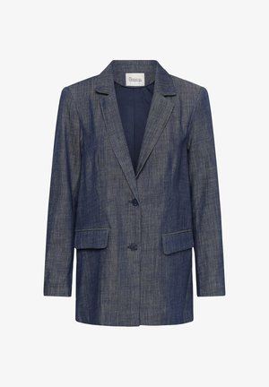 Sacou texturat bleumarin închis cu revere ascuțite, două nasturi frontali, buzunare cu clapetă și mâneci lungi.