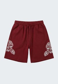 Short bordeaux à cordon de serrage, taille élastique, poches latérales et broderie florale blanche près du bas des deux jambes.