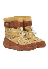 Gelbe und braune isolierte Stiefel mit einer weichen Textur, elastischen Schnürsenkeln und einer Gummisohle. Verfügt über ein wasserdichtes Design mit Logo-Akzenten.