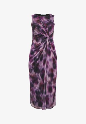 Ärmelloses Maxikleid in lila und schwarz mit Batikmuster, gerafftem Drehdetail an der Taille und rundem Ausschnitt, bodenlanger Saum.