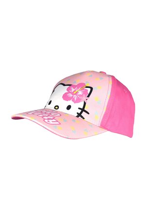 Pink cap with Hello Kitty face, pink flower on ear, small pineapples pattern, and "Hello Kitty" text on the brim.