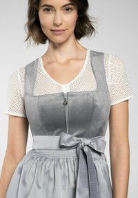 Grijze jurk met een zorgvuldig aansluitende fluwelen lijfje met een rits aan de voorkant, een satijnen tailleband en een volumineuze satijnen rok. Witte gestippelde blouse eronder.