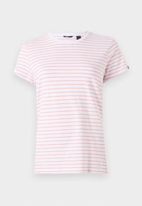 Hvit bomulls T-skjorte med tynne rosa striper, rund halslinning og korte ermer. Myk tekstur med en avslappet passform og et merke i halslinningen.