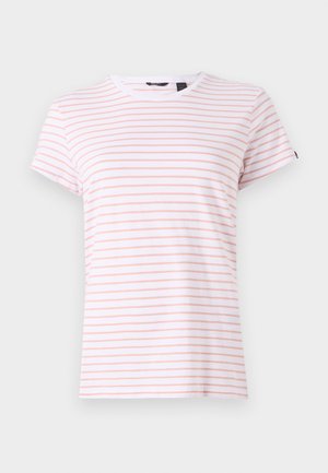 Witte katoenen t-shirt met dunne roze strepen, ronde halslijn en korte mouwen. Zachte textuur met een casual pasvorm en een label in de hals.